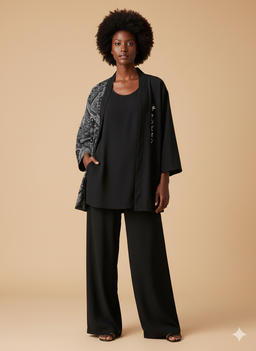 Ensemble Kimono Noir Femme Motif Africain