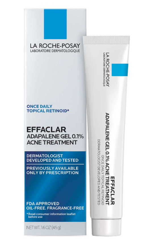Gel d'adapalène Effaclar 0,1 % de La Roche-Posay, aide à éliminer et à prévenir les points noirs, les points blancs, les imperfections de l'acné et les pores obstrués.