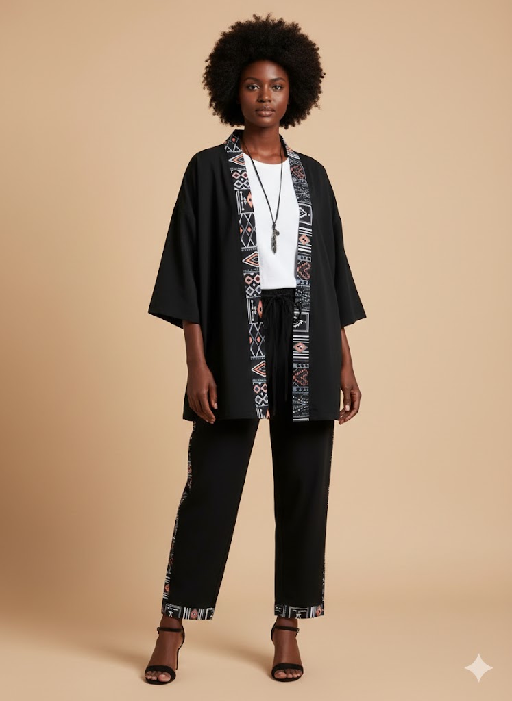 Ensemble Kimono Noir Femme Motif Africain