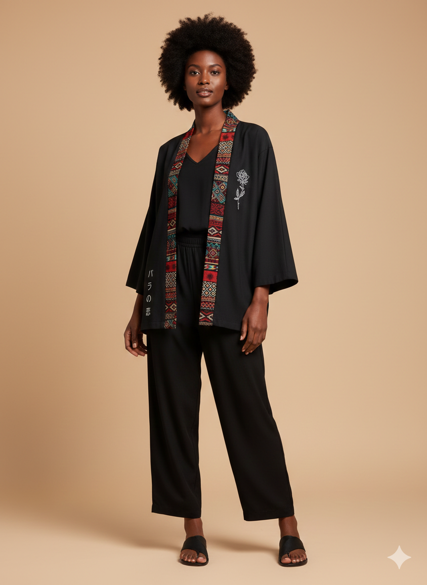 Ensemble Kimono Noir Femme Motif Africain