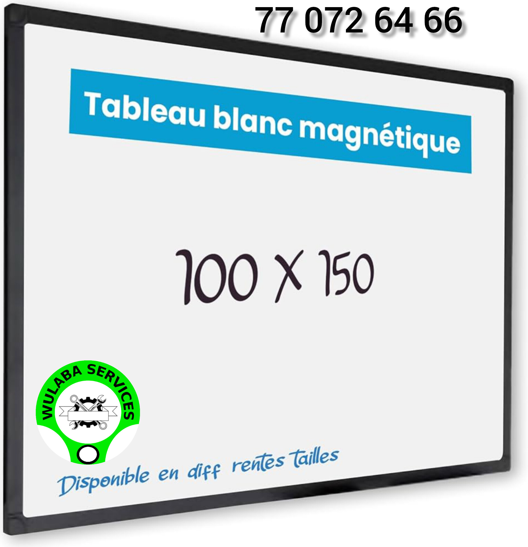 TABLEAU BLANC EFFACABLE 100cmx150cm CADRE NOIR