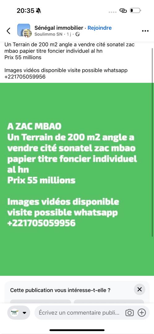 Terrain d’Angle 200 m² à Vendre – Cité Sonatel, ZAC Mbao