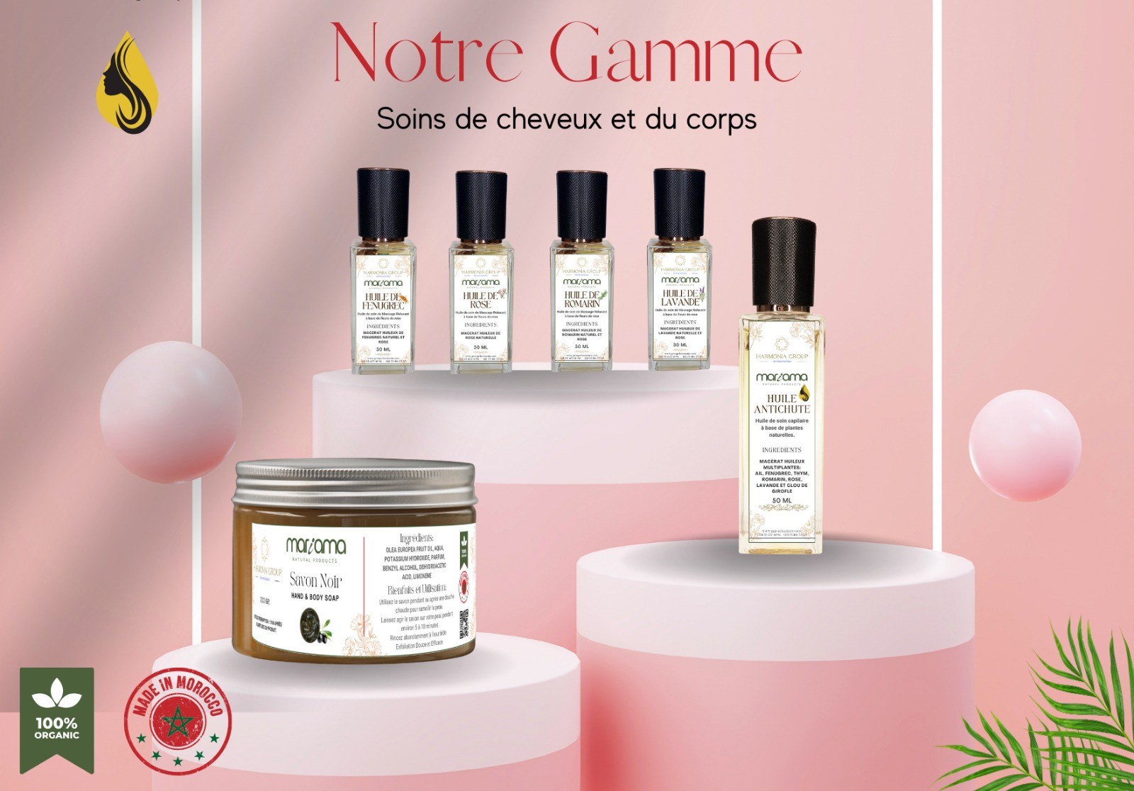 huiles essentielles pour cheveux et corps de la marque Mariama